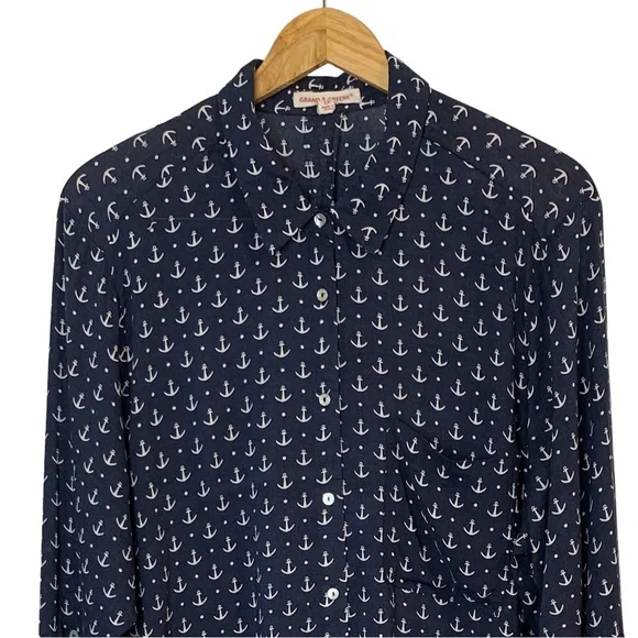 GRAND & GREENE Navy Long Sleeve Anchor Print Blouse Sz 1X - Picture 6 of 9